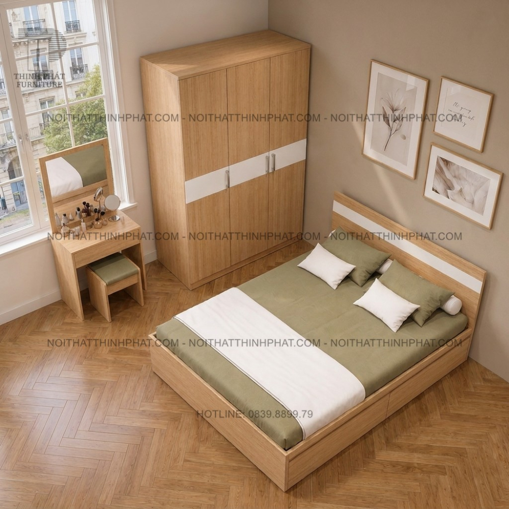 Combo Phòng Ngủ MDF Hiện Đại Tone Gỗ Sồi Phối Trắng Có Tủ Áo 3 Cánh, Giường Ngủ Và Bàn Phấn - PN08